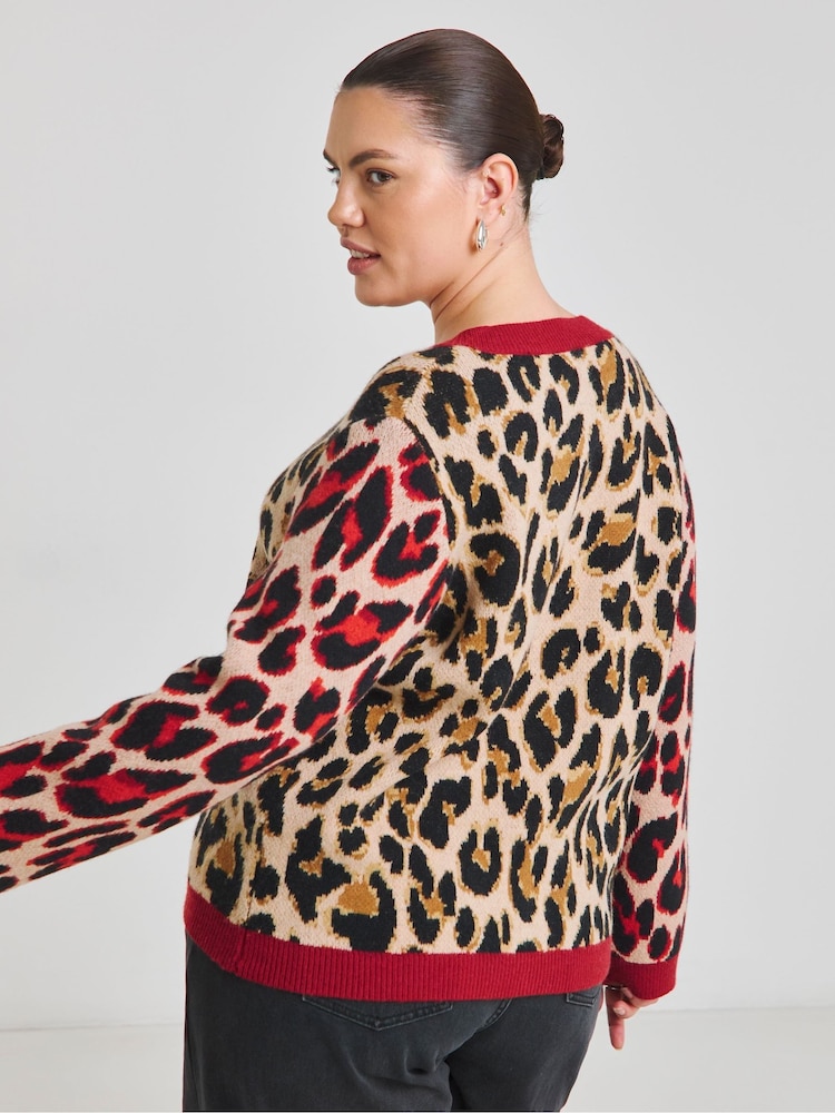 Simply Be Red Leopard Print Jacquard Cardigan - Image 2 of 4