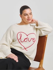 Simply Be Cream Heart Embroidered Jacquard Jumper - Image 1 of 4