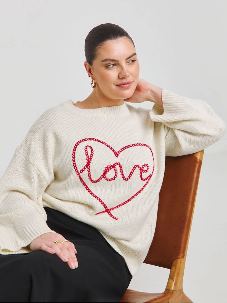 Simply Be Cream Heart Embroidered Jacquard Jumper - Image 1 of 4