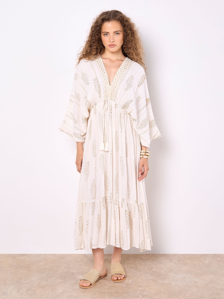 Apricot Cream Gold Print Tassel Tie Maxi Dress - Image 1 of 4