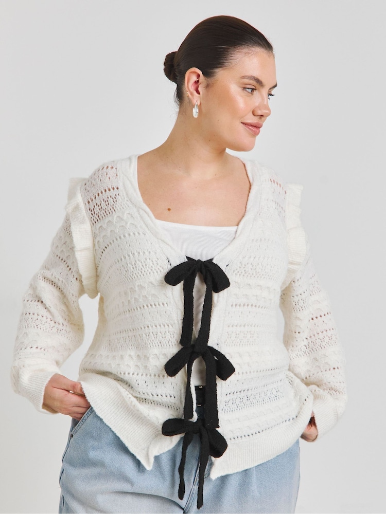 Simply Be Cream Pointelle Tie Front Cardigan - Image 1 of 4