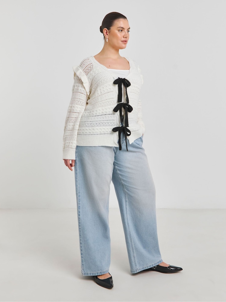 Simply Be Cream Pointelle Tie Front Cardigan - Image 4 of 4