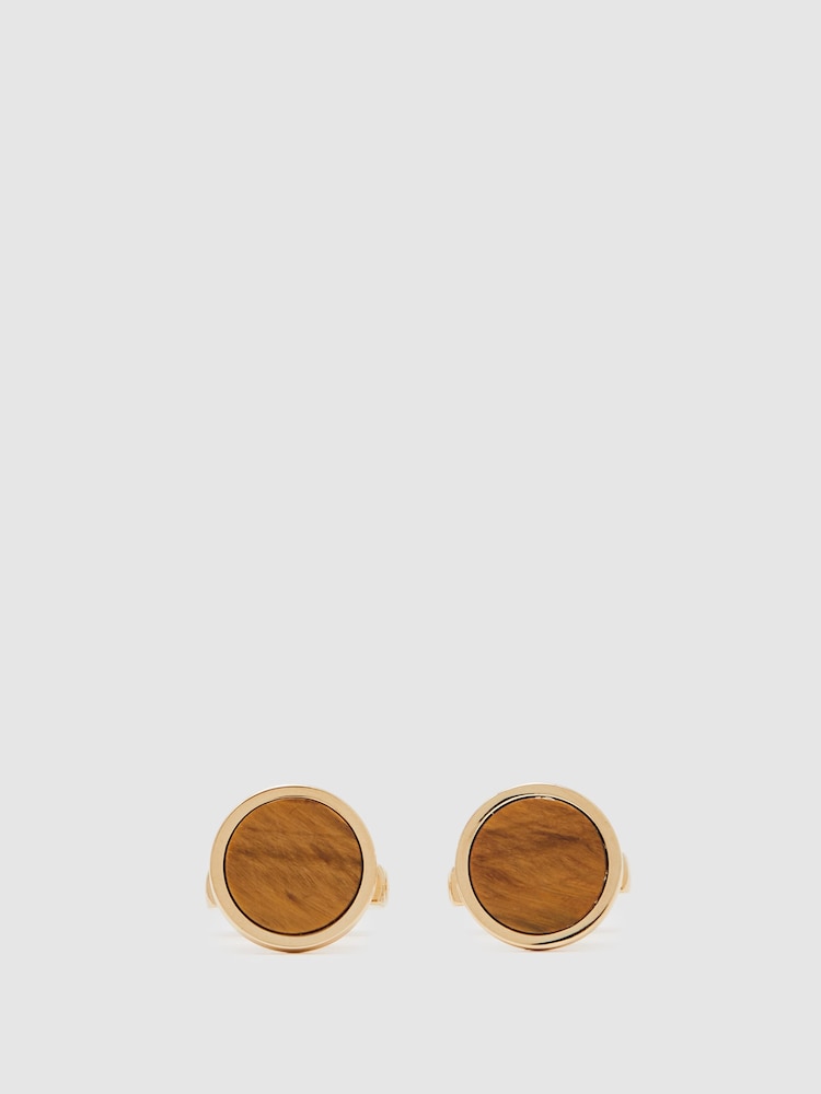 Reiss Gold/Tigers Eye Ripley Inlaid Round Cufflinks - Image 1 of 5