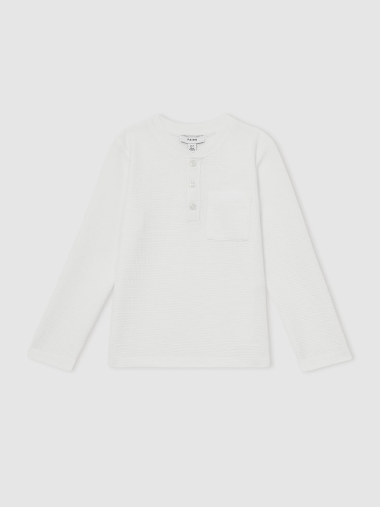 Reiss White David Cotton Blend Waffle Henley T-Shirt - Image 1 of 4