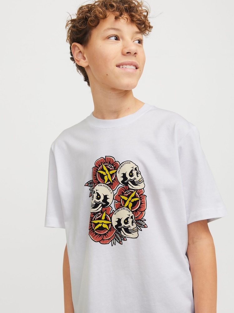 أبيض - JACK & JONES JUNIOR Skull Print 100% Cotton T-Shirt - صورة 1 من 7