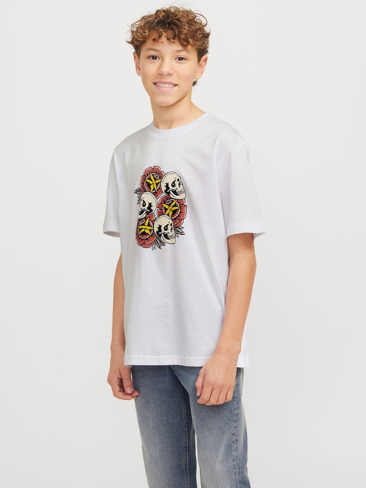 أبيض - JACK & JONES JUNIOR Skull Print 100% Cotton T-Shirt - صورة 2 من 7