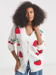 Simply Be White Strawberry Cherry Print Cardigan - Image 1 of 4