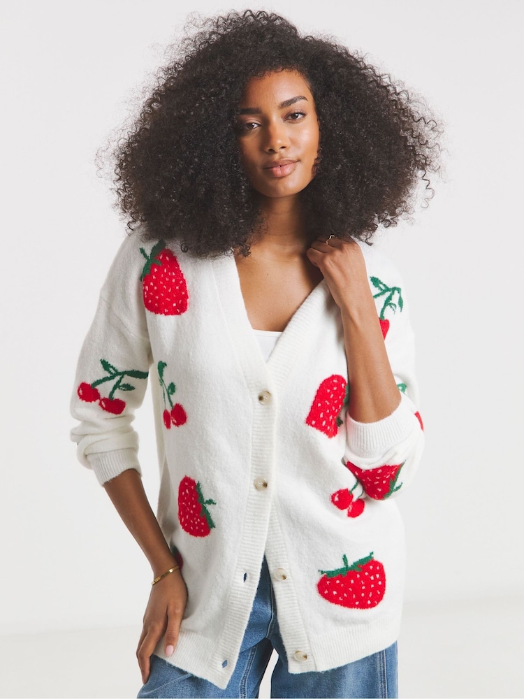 Simply Be White Strawberry Cherry Print Cardigan - Image 1 of 4