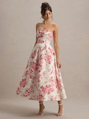 Club L London Pink Annalise Print Bandeau Skater Midi Dress - Image 1 of 6