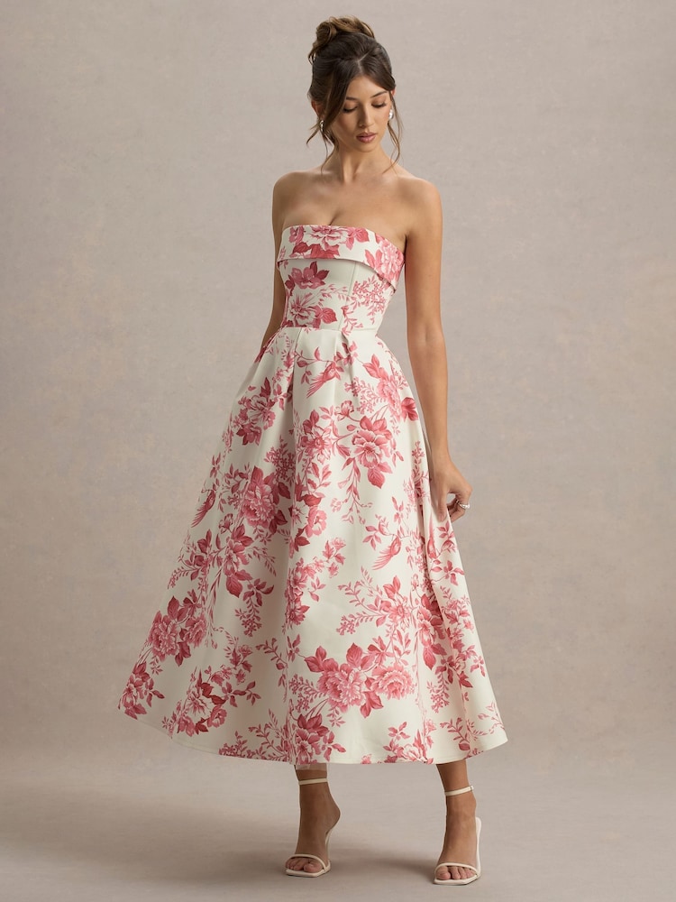 Club L London Pink Annalise Print Bandeau Skater Midi Dress - Image 1 of 6
