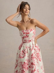 Club L London Pink Annalise Print Bandeau Skater Midi Dress - Image 3 of 6