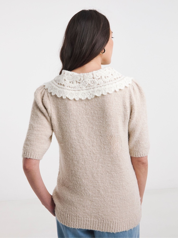 JD Williams Natural Crochet Collar Short Sleeve Jumper - Image 2 of 6