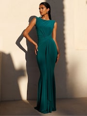 Club L London Green Kadie Sleeveless Gathered Maxi Dress With Drape - Image 3 of 5