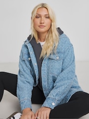 Simply Be Blue Linear Distressed Denim Jacket - Image 1 of 4