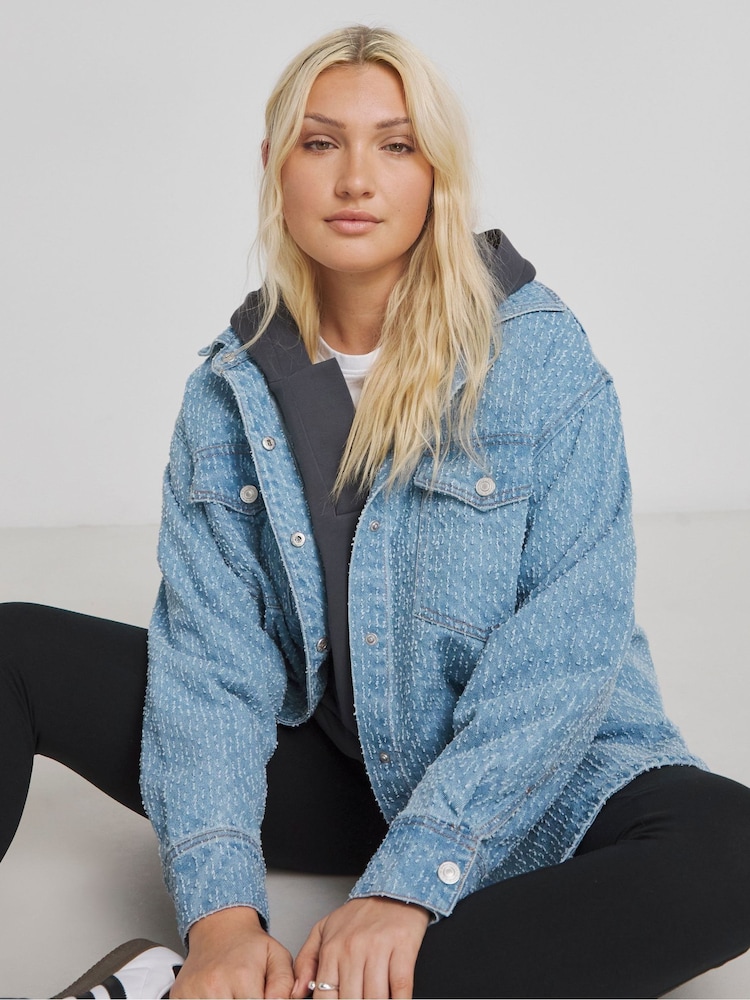 Simply Be Blue Linear Distressed Denim Jacket - Image 1 of 4