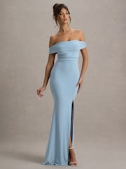 Club L London Blue Law of Attraction Bardot Draped Split Maxi Dress - Image 1 of 7