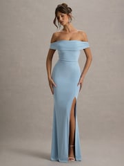 Club L London Blue Law of Attraction Bardot Draped Split Maxi Dress - Image 2 of 7