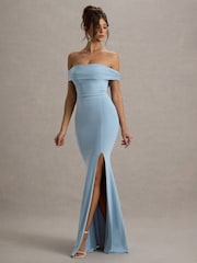 Club L London Blue Law of Attraction Bardot Draped Split Maxi Dress - Image 6 of 7