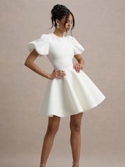 Club L London White Emelia Puff-Sleeve Skater Bridal Dress - Image 1 of 5