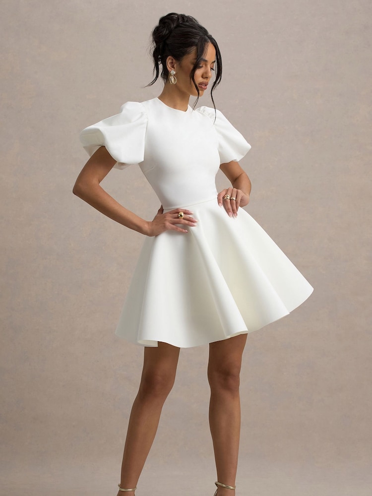 Club L London White Emelia Puff-Sleeve Skater Bridal Dress - Image 1 of 5