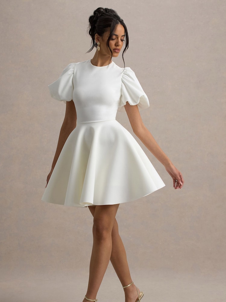 Club L London White Emelia Puff-Sleeve Skater Bridal Dress - Image 2 of 5