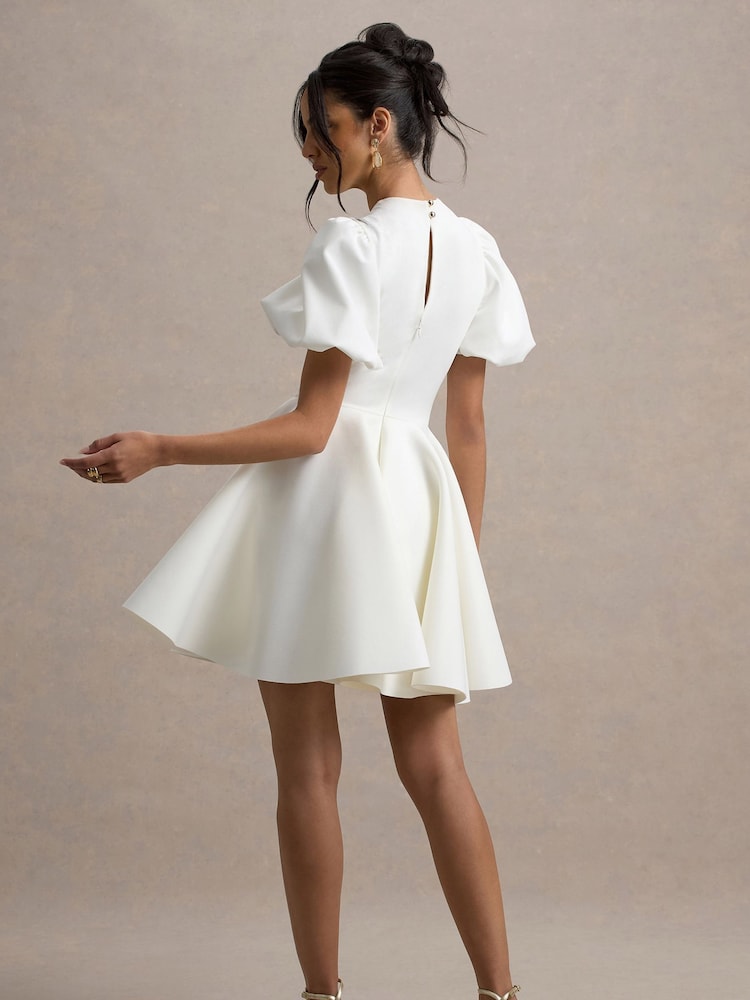 Club L London White Emelia Puff-Sleeve Skater Bridal Dress - Image 3 of 5