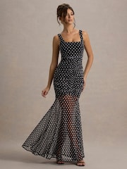 Club L London Black Galaxia Polka Dot Maxi Dress With Mesh Skirt - Image 1 of 7