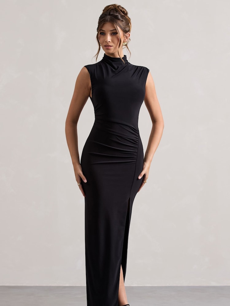 Negro - Club L London Lanetta Ruched Alto-Neck Maxi Dress With Split - Imagen 1 de 5 Negro - Club L London Lanetta Ruched Alto-Neck Maxi Dress With Split - Imagen 1 de 5