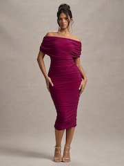 Club L London Red Rayleigh Bardot Ruched Midi Dress - Image 1 of 6