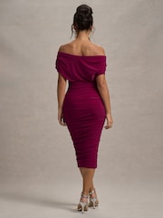 Club L London Red Rayleigh Bardot Ruched Midi Dress - Image 2 of 6