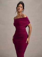 Club L London Red Rayleigh Bardot Ruched Midi Dress - Image 3 of 6