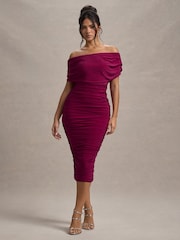 Club L London Red Rayleigh Bardot Ruched Midi Dress - Image 4 of 6