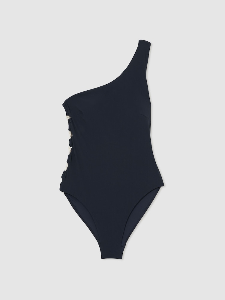 Reiss Navy Marlowe One Shoulder Rope Cord Swimsuit - Image 2 of 5