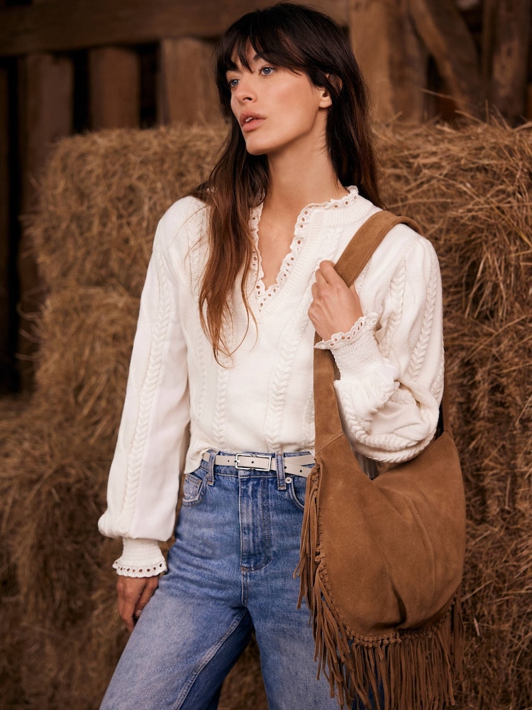 Mint Velvet Cream Neutral Fringed Suede Bag - Image 1 of 5 Mint Velvet Cream Neutral Fringed Suede Bag - Image 1 of 5