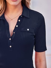 Sosandar Blue Premium Ribbed Polo Collar Top - Image 4 of 5