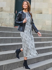 Sosandar Grey Animal Print Tie Side Midi Dress - Image 1 of 5