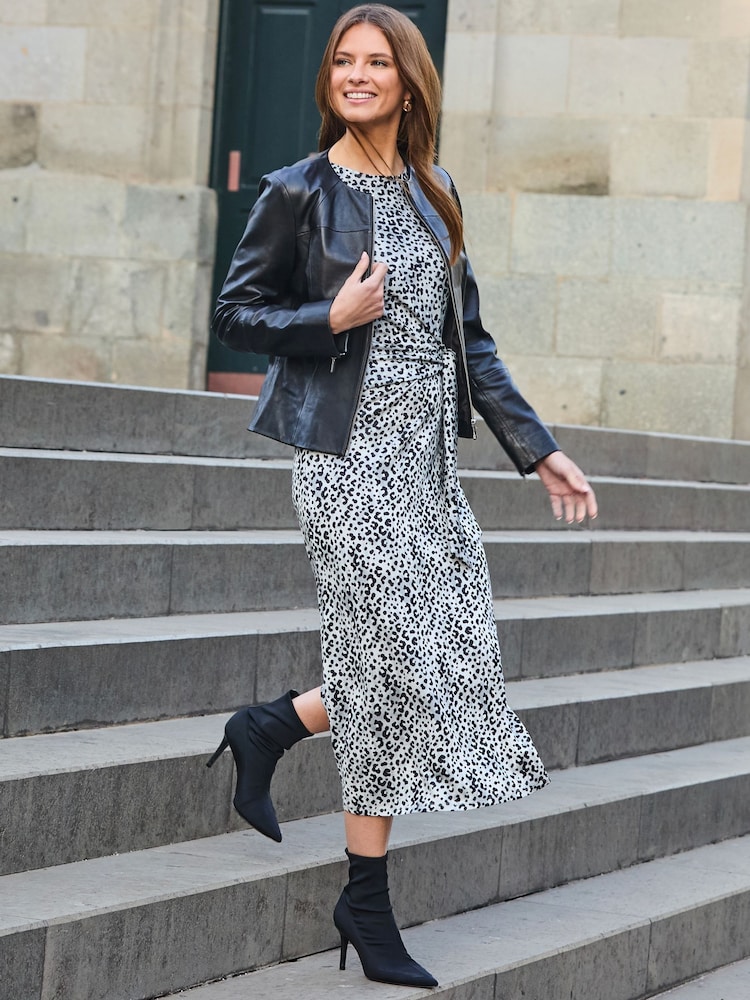 Sosandar Grey Animal Print Tie Side Midi Dress - Image 1 of 5