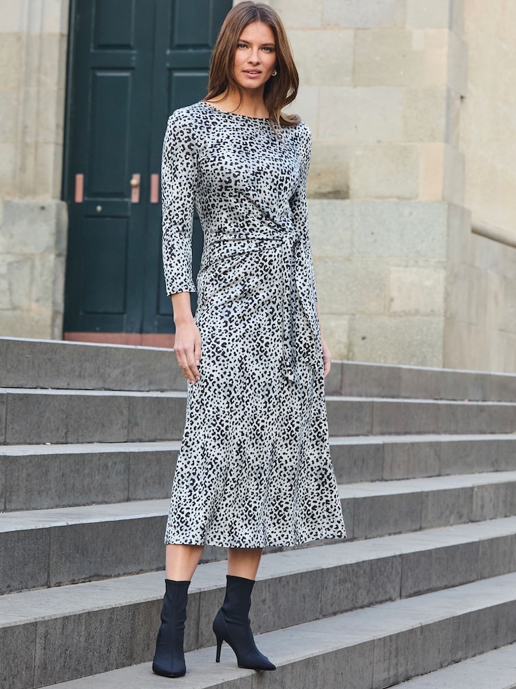 Sosandar Grey Animal Print Tie Side Midi Dress - Image 2 of 5