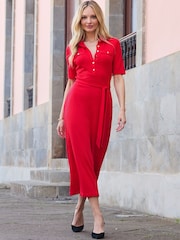 Sosandar Red Premium Ribbed Polo Collar Midi Dress - Image 1 of 5