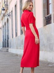 Sosandar Red Premium Ribbed Polo Collar Midi Dress - Image 4 of 5