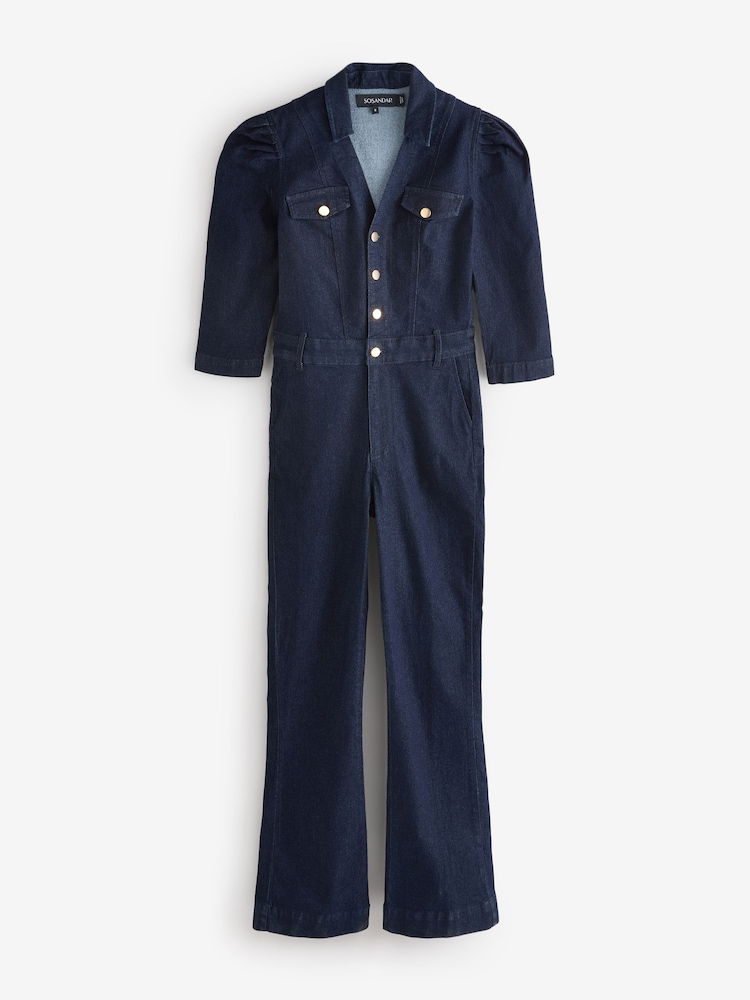 Sosandar Blue Puff Sleeve Kicklare Denim Jumpsuit - Image 5 of 5