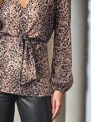 Sosandar Brown Animal Print Plisse Tie Front Top - Image 3 of 4