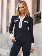 Sosandar Black Contrast Trim Zip Front Top - Image 3 of 4