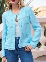 Sosandar Blue Boucle Jacket With Embellished Buttons - Image 4 of 5