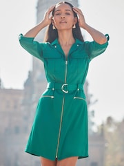Sosandar Green Satin Zip Front Utility Shirt Dress - Image 2 of 5