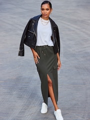 Sosandar Green Supersoft Pocket Detail Utility Midi Skirt - Image 1 of 4