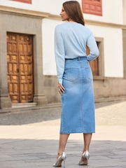 Sosandar Blue Button Through Denim Midi Skirt - Image 3 of 4