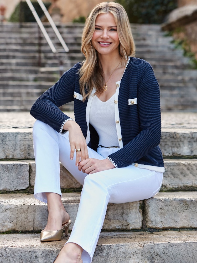 Sosandar Blue Contrast Trim Cardigan - Image 1 of 5