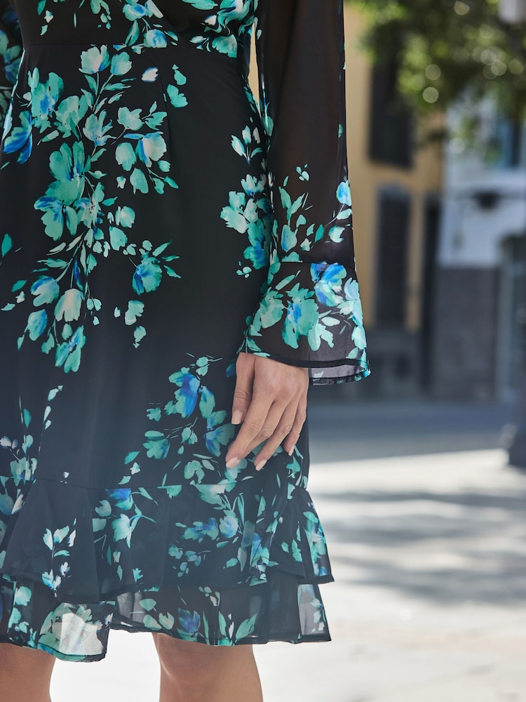 Sosandar Black Floral Print Wrap Front Dress - Image 4 of 4