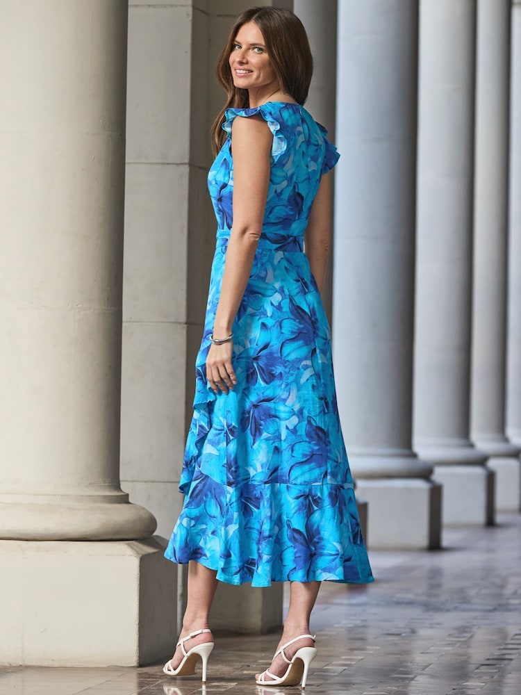 Sosandar Blue Floral Print Ruffle Hem Belted Dress - Image 3 of 5